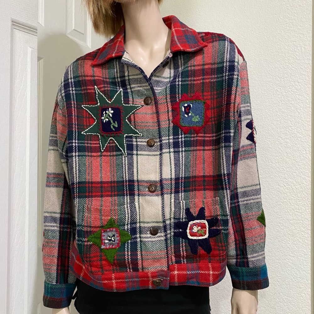 Vintage SANDY STARKMAN Red Plaid  Embroider Appliqué Wool Blend Shacket Jacket L